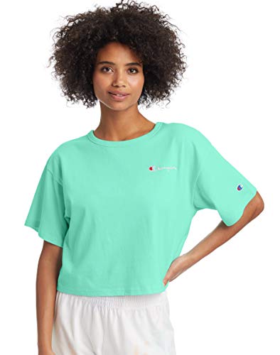 Champion Life Women's Heritage Cropped Tee, Embroidered Logo (Small) Light Sea Green