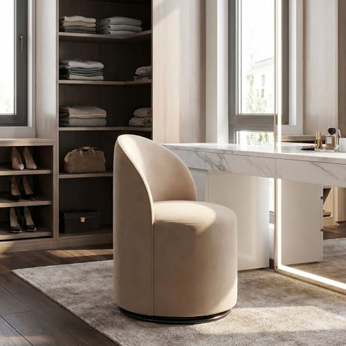 Image of HNY Upholstered Kitchen & Dining Room Barrel Chair, Mid Century Modern Round Velvet Dining Chair, 360 Degree Swivel Comfy Armless Accent Makeup Vanity Side Chair for Bedroom Living Room, Khaki