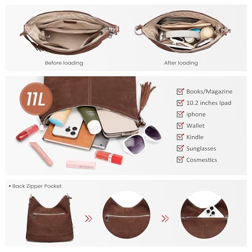 Image of Genuine Leather Hobo Crossbody Bag for Women, Soft Real Leather Bucket, Shoulder Handbag Purse with 2 Removable Strap