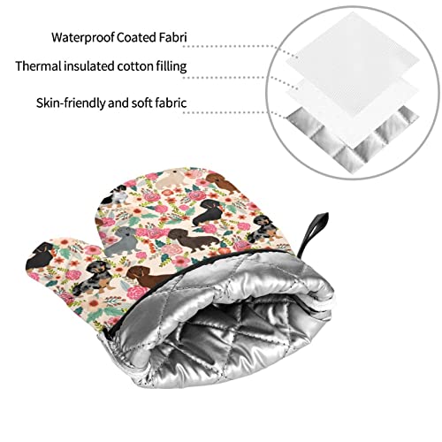 Floral Dachshunds Oven Mitts And Pot Holders Sets Of 4，Heat Resistant Kitchen Microwave Gloves And Pot Pads With Non-Slip Surface For Grilling Baking Cooking Bbq #TOP5