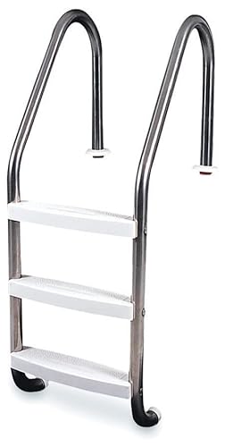 Poolzilla Three Tread Stainless Steel Pool Ladder Entry and Exit System for In-Ground Salt Water Swimming Pools, Non-Slip Plastic White Steps 250 Pound Capacity