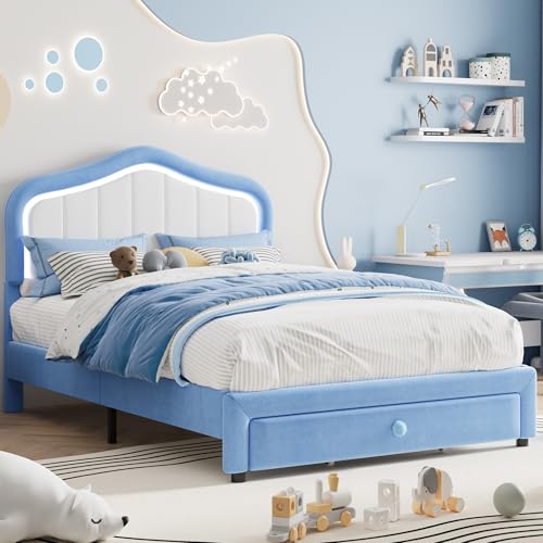 GarveeHome Upholstered Twin Bed Frame with Led Lights and Storage Drawer, Cute Velvet Led Bed Frame with Headboard for Kids, Girls, Boys, No Box Spring Needed, Wooden Slats, Noise Free, Blue