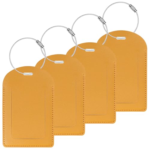 Gloppie Etiquetas Identificativas - 4 Piezas de Cuero PU con Funda de Privacidad para Mochilas, Bolsos de Viaje y Transportines de Mascotas (Amarillo)