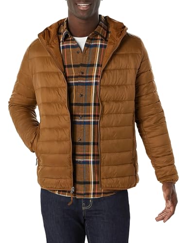 Amazon Essentials Men's Lightweight Water-Resistant Packable Hooded Puffer Jacket, Light Brown, X-Large