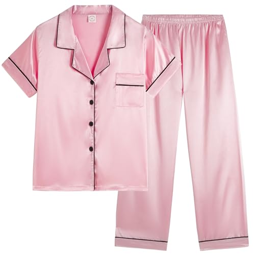 Vopmocld Girls Button Down Satin Pajama Sets Silky Short Sleeve Top & Pants Lounge Wear Teens Cozy Nightwear 2PCS PJS