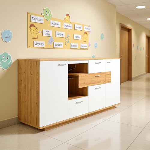 HOMYLIN Armario escolar LED de 160 cm con espacio para colgar y cajones, armario de almacenamiento para uniformes, zapatos y mochilas, color blanco