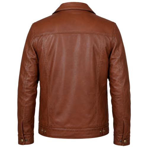 Image of Vintage Style Trucker Leather Jacket Men Real Lambskin Vintage Trucker Shirt Collar Mens Leather Jackets