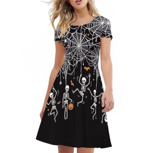 Image of HUGS IDEA Womens Puffy Swing Midi Dress Round Neck Short Sleeve Party A-Line Dresses