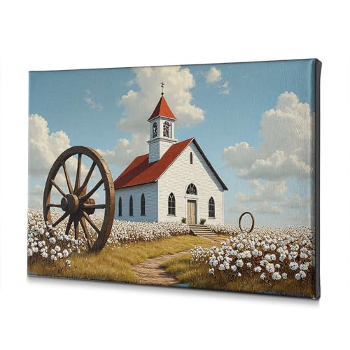 Décoration murale église blanche et champs de coton pour salle de bain cocooning