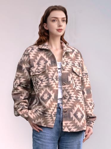 Image of Vintage Aztec Flannel Jacket Plaid Shirt Sherpa Fleece Shacket Button Down Casual Outerwear