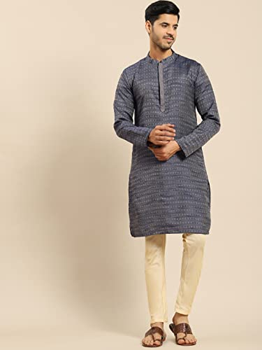 Image of Men's Black Art Silk Regular Fit Ethnic Motifs Kurta | Indian Kurta | Festive Ethnic Kurta with Embroidered Packet