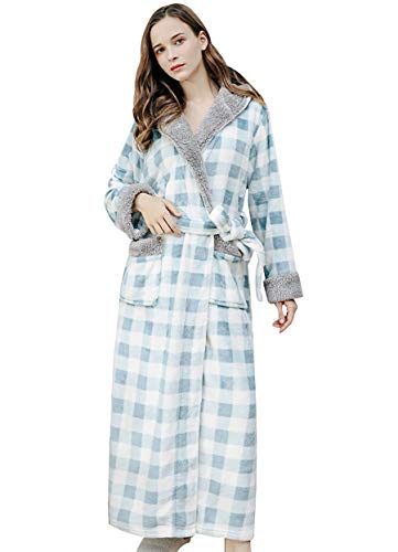 Women Hooded Pajamas Robe Bufflo Plaid Flannel Bathrobe Kimono Fleece Warm Blanket Sleep Wrap Loungewear Light Blue Medium