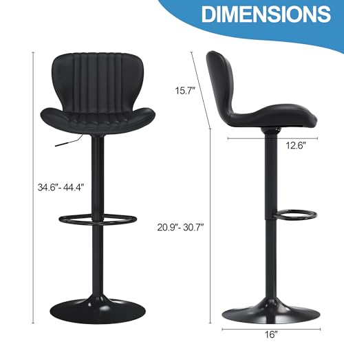 Image of Shintenchi Bar Stools Set of 2 Modern Swivel Bar Chairs, Counter Height Faux Leather Metal Barstools, Upholstered Island Chairs with Back and Footrest, Black