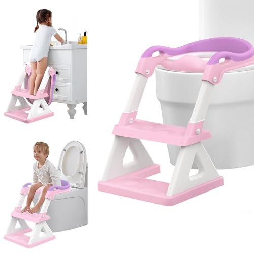 Image of 2 In 1 Potty Training Seat & Toddler Step Stool, Ultimate Stability Toddler Toilet Seat, Adjustable Step & Seat Height Potty Seats for Toddlers Boys Girls,Anti-slip Pads,Urinal Splash Guard(Purple)