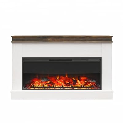 Ameriwood Home Mateo Wide Mantel with Linear Electric Fireplace and Remote for TVs up to 65", Ivory Oak/Rustic