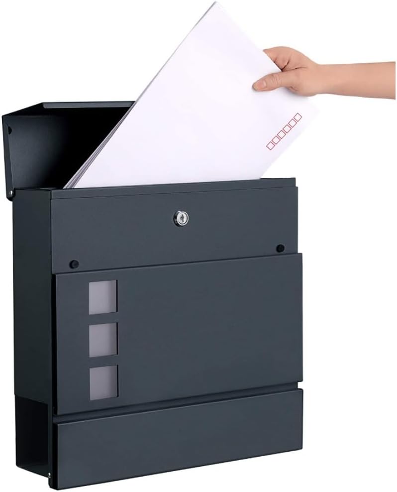 観察窓付きの亜鉛メッキ鋼製の壁掛け式施錠可能メールボックス 取り付けが簡単で、壁に取り付けて保管できます (ブラック)