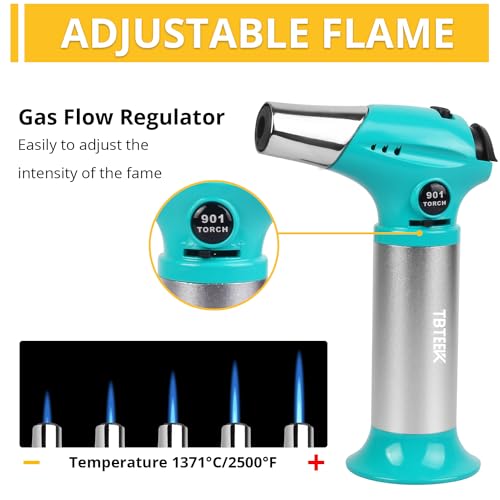 Image of TBTEEK Butane Torch T901, Kitchen Torch Cooking Torch with Safety Lock & Adjustable Flame for Cooking, BBQ, Baking, Brulee, Creme, DIY Soldering(Butane Not Included), Aqua