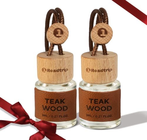 Car Air Diffuser - Long Lasting Essential Oil Diffuser - Pack of 2 Non-Toxic Hanging Car Air Freshener - Accessories for Men & Women - Valentines Day Gifts For Him - Teak Wood Scent 0.27FL OZ/8ML