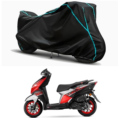 Image of Waterproof Bike Body Cover Compatible for | TVS NTORQ 125 Race XP | Taffeta Fabric, Sky Piping Design, Bottom Elastic Fit | Dustproof, Sun UV & Rain Protection for All Weather.