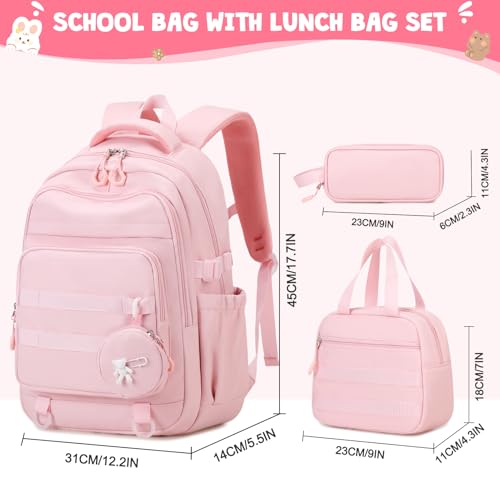 Backpacks for Girls - 4PCS Girls Backpack with Lunch Bag & Pencil Pouch Coin Pruse for Teens Kids Elementary Middle High School College Student Bookbag Daypack (Pink)2