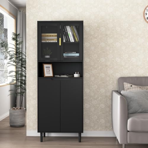 KOMHTOM Armario de almacenamiento de madera con 4 puertas y 2 estantes ajustables, armario alto con expositor abierto, mueble moderno para sala de estar y dormitorio (Negro)