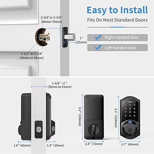 Teeho Te007 Smart Lock - Fingerprint Deadbolt - 6-In-1 Keyless Entry Door Locks With Keypads - Bluetooth App Remote Control - Easy Installation - Ip54 Waterproof - Auto Lock - Matte Black #TOP7