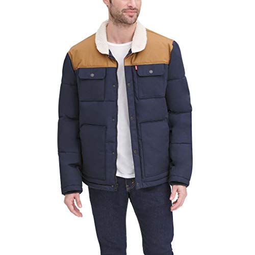 Levi's Men's Quilted Mixed Media Shirttail Work wear Puffer Jacket, Navy/Workers Brown, XX-Large