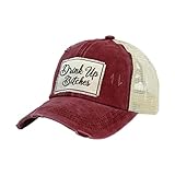 BRIEF INSANITY Drink Up Bitches Funny Vintage Distressed Trucker Hat - Wine Drinking Humorous Themed Snapback Hat | Unisex Adult Cap