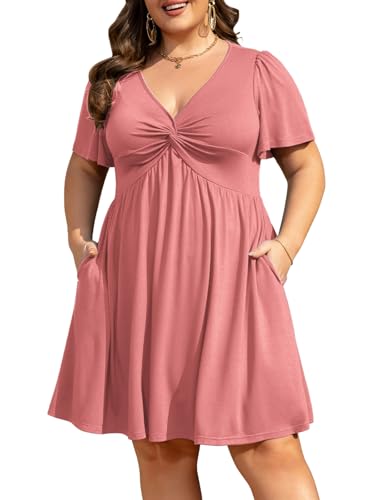 Image of Manllenshie Womens Plus Size Summer Dress Casual Short Sleeves Deep V Neck Twist Knot Front Flowy Dress with Pockets