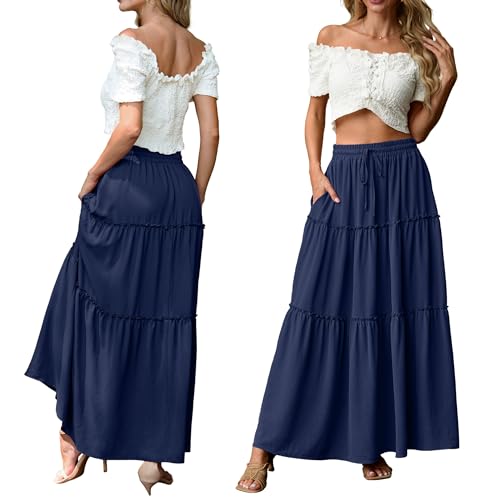 Image of Lepunuo Womens Casual Boho High Waisted Flowy Maxi Skirts Tiered Floral Long Skirts with Pockets for Summer Beach Vacation