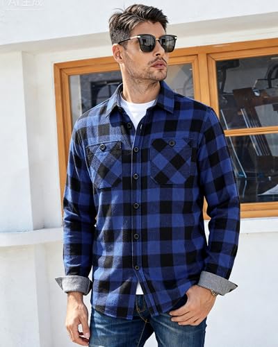 Image of WARHORSEE Flannel Shirt for Men Long Sleeve Button Down Plaid Shirts | Soft Cotton Blend for Multi-season Wear, Lightweight yet Warm, Dual buttoned storage pockets, Machine Washable Easy Care