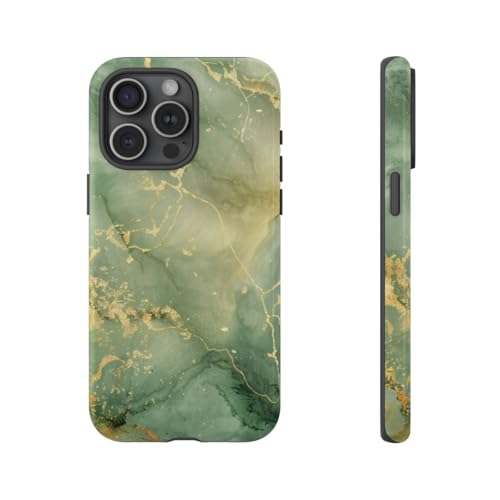 Coque rigide brillante marbre vert et or abstrait pour iPhone 15 Pro Max
