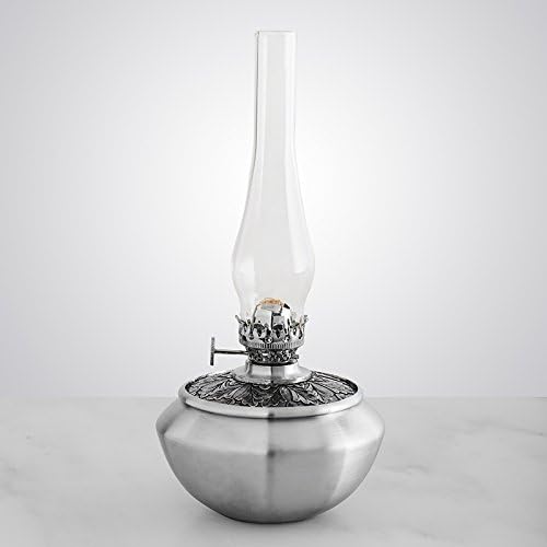 Danforth Pewter Leaf Medallion Oil Lamp (Classic Pewter) – Traditional and Vintage Style Oil Lamps for Indoor Use – 8.75” High with Glass Chimney, Made in USA