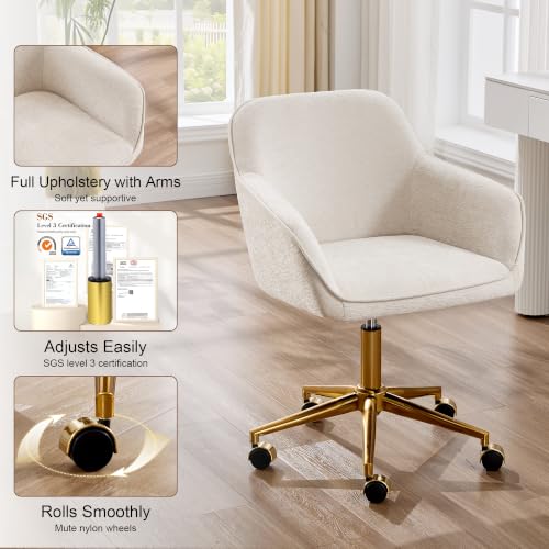Image of Zesthouse Vanity Chair with Wheels for Girl Women, Swivel Office Desk Chair | Beige Chenille Rolling Office Chair with Arms & Gold Base, Upholstered Fabric Desk Chair for Bedroom, Height Adjustable Chair