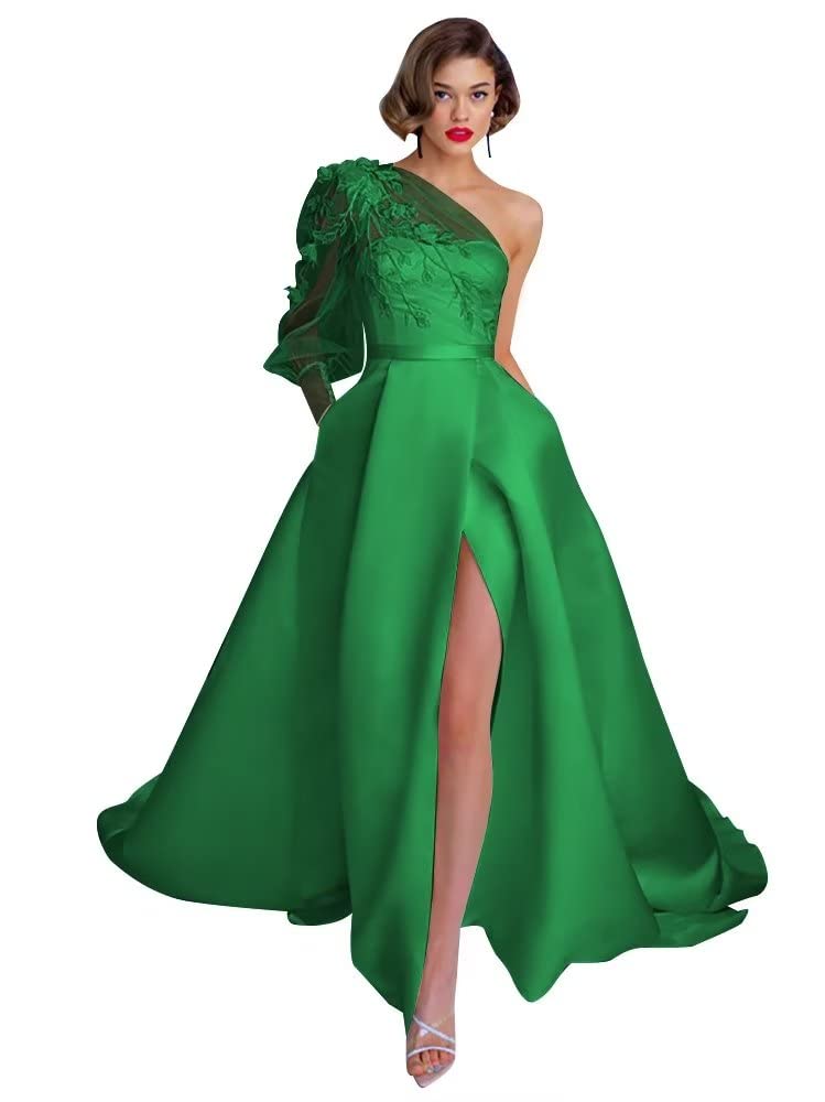 homdorOne Shoulder Lace Applique Prom Dresses Long Sleeve Wedding Dresses Tulle A Line Princess Ball Gown with Slit