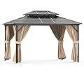 GarveeLife Hardtop Gazebo 12' x 10' Aluminum + Iron Roof, Double-Roof Backyard Tent Garden Porch Gazebo with Mesh and Curtains Permanent Outdoor Metal Gazebo, Waterproof, Snowproof and Sunproof, Khaki