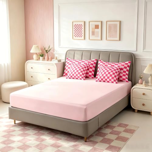 Image of Feelyou Checkered 7 Piece Bedding Set Teen Women Boho Modern Cute Aesthetic Decorative Girly Comforter Set with Sheets Queen Size Kids Boys Geometric Chic Bed in a Bag Pink White Plaid Room Decor