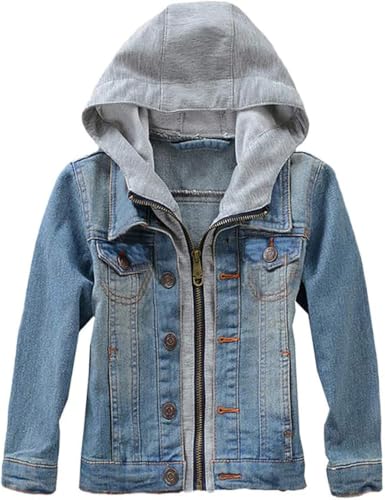 Image of Mallimoda Kids Boys Girls Hooded Denim Jacket | Jean Jacket for Boys Girls, Lightweight Coat with Hood, Zip Up Casual Outerwear, Spring Fall Fashion Clothes, Outdoor Wear