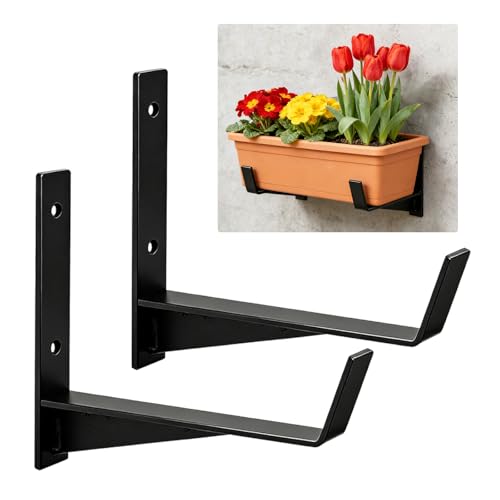 Thrivinest Window Box Brackets 6 inch Flower Planter Box Brackets Heavy Duty Metal Flower Box Wall Mounting Hooks for Railings Garden Balcony Fences Black(2 Pack)