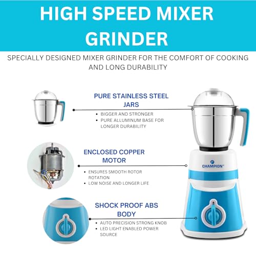 Image of Champion Fortune 750 watt Mixer Grinder | 3 Multipurpose Stainless Steel Jars & 1 Juicer Jar | Copper Motor with 22,000 RPM Speed | 3 Yrs Warranty | Smart Safety Features | White & Blue