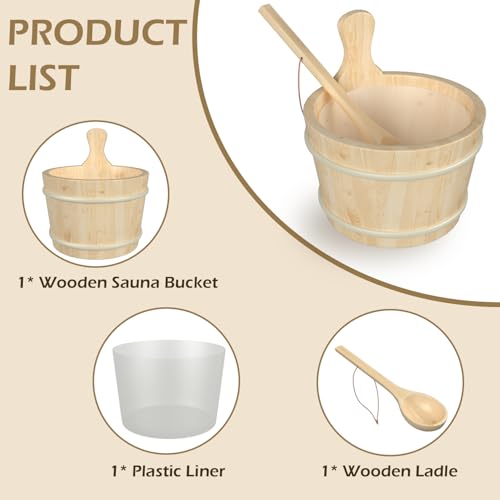 BNEHS Sauna Bucket and Ladle, Sauna Accessories Made of Hand-Made Camphor Pine, Wooden Sauna Set with Plastic Lining and Handle