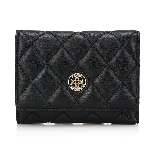 Luxury Quilted Leather Short TriFold Small Compact Wallet Credit Card Holder Coin Purse Business Card Holder Gift for Girl Women Black