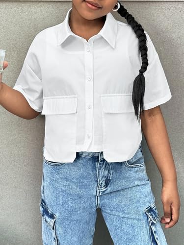 SHENHE Girl's Summer Button Down Short Sleeve Cropped Shirt Collared Blouse Top with Pockets4
