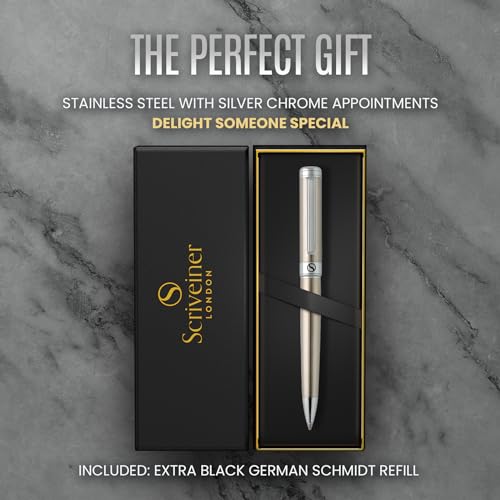 Image of Scriveiner Stainless Steel Ballpoint Pen - Stunning Luxury Pen with Stainless Steel Finish, Schmidt Black Refill, Best Ball Pen Gift Set for Men & Women, Professional, Executive, Office, Nice Pens