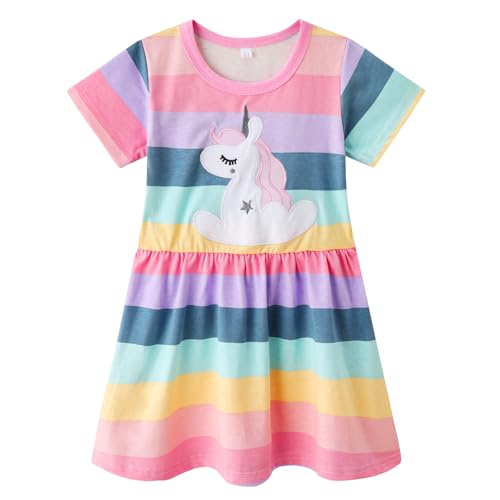 Smazero Vestido de verano para niña, manga corta, casual, estampado de dinosaurio, caballo, vestido camisero, ropa para niños de 1 a 7 años, Unicornio-arco iris, 6 años