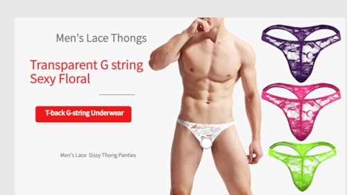Men's Sexy Lace G-String Underwear Seamless Transparent Thong3