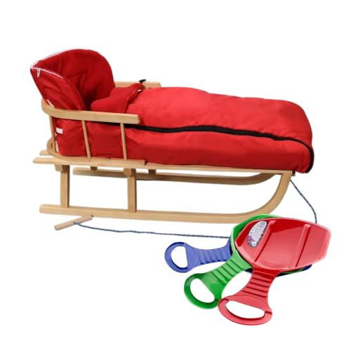 BirnePower Holzschlitten 90cm mit Rückenlehne und Winterfußsack 108cm in Rot Komplettset inkl. Zugseil & Gurt Rodelschlitten aus Buchenholz (Rot 108cm)