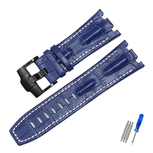 Run Ken AP 15703 ロイヤル オーク オフショア シリーズ 28mm ブラック ブラウン ブルー 時計バンド アクセサリー メンズと互換性のある本革時計ストラップ(Blue white-black)