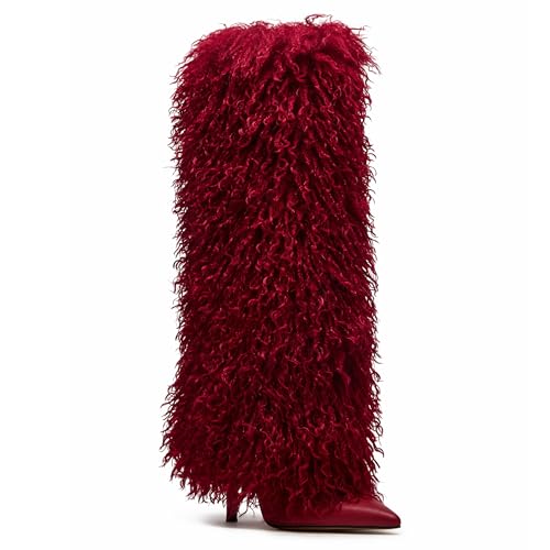 Faux Fur Knee High Boots Women Pointed Toe Slouchy Fold Over Fall Boots Stiletto High Heels Pull on Tall Wide Calf Winter Shoes2
