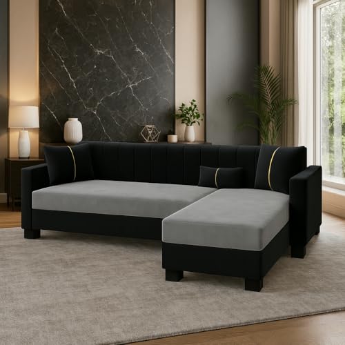 Image of SOCOZI Alveria 4 Seater RHS L Shape Sofa Set | Soft Velvet Suede Fabric | Modern Design | Plush Comfort Cushions for Living Room (Light Grey-Black)